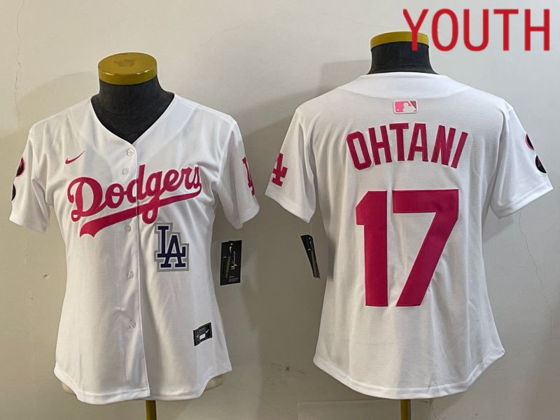 Youth Los Angeles Dodgers 17 Ohtani White pink Game 2024 Nike MLB Jersey style 3